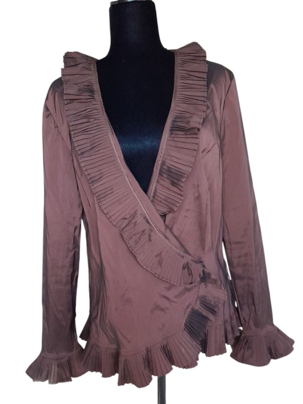 Vtg Cache Ruffle Wrap Stretch Event Cocktail Party Blouse Size 14 Metallic Brown